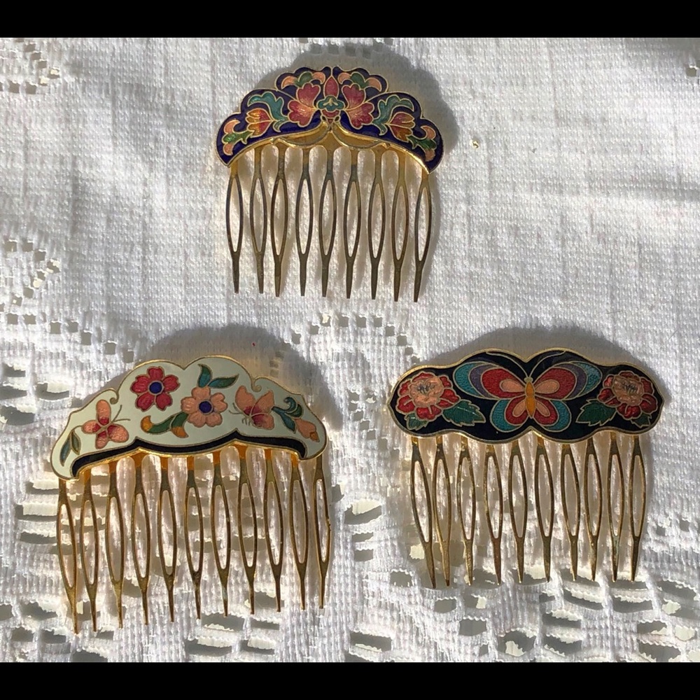Three vintage hair combs in gold